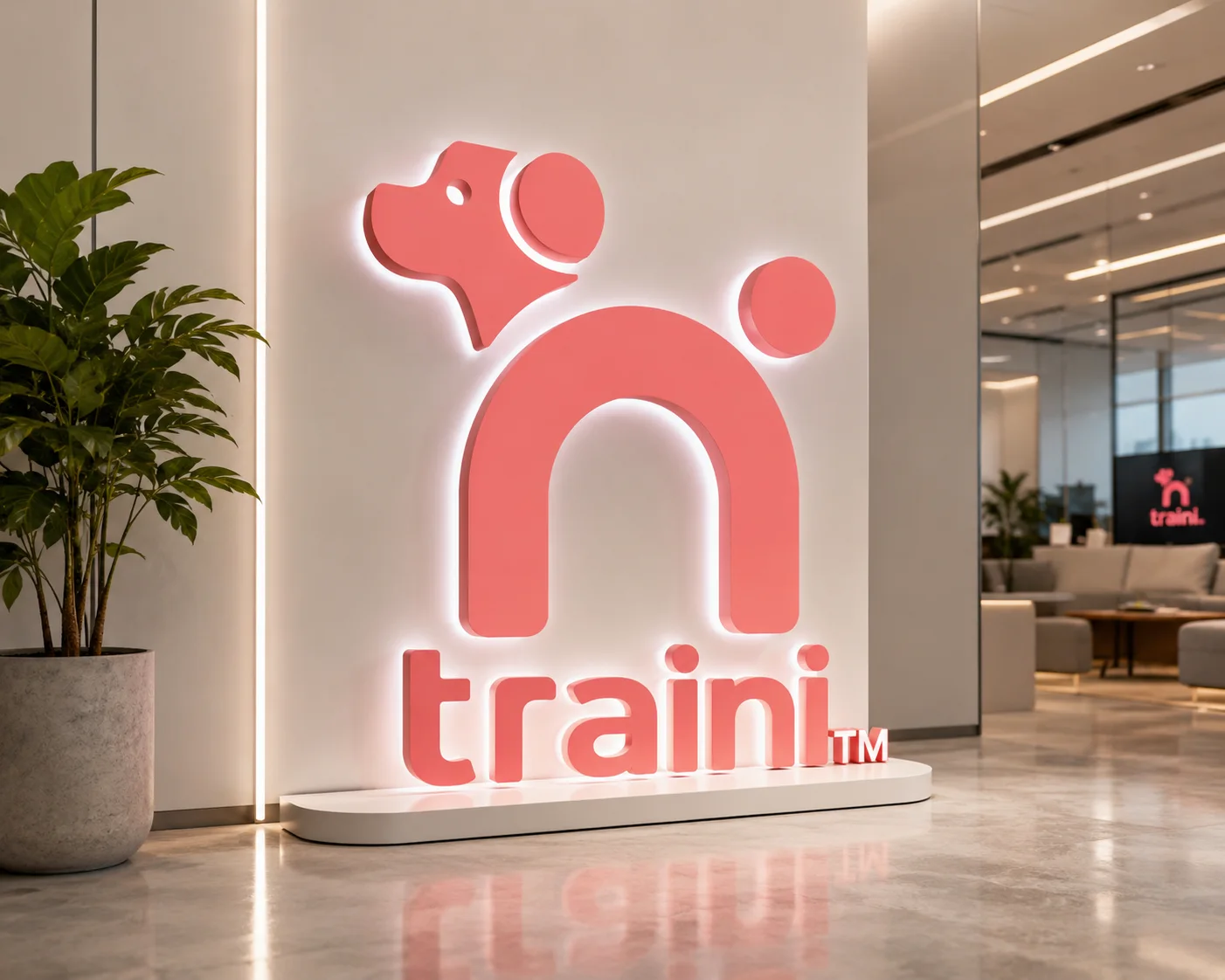 Traini team member beside the Traini logo
