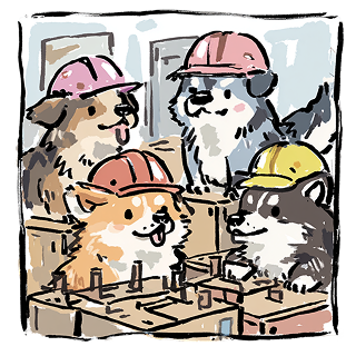 Four dogs in hard hats building together