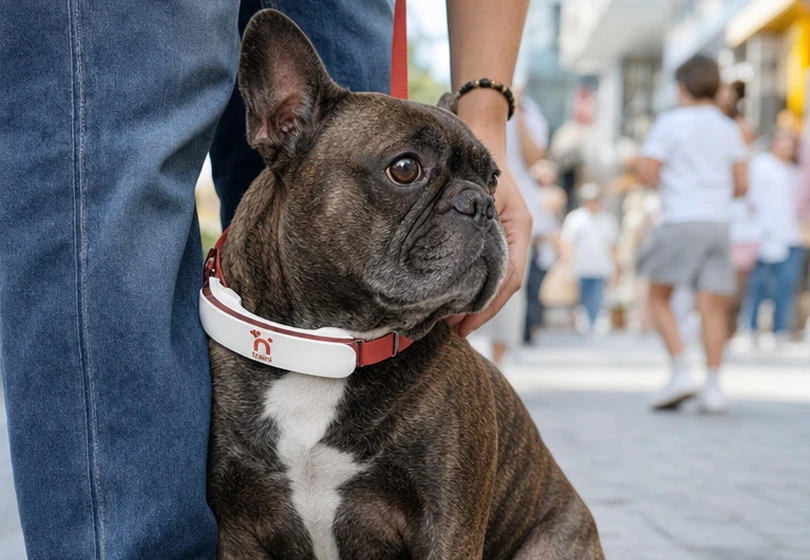 A French bulldog in a Traini collar on a city street